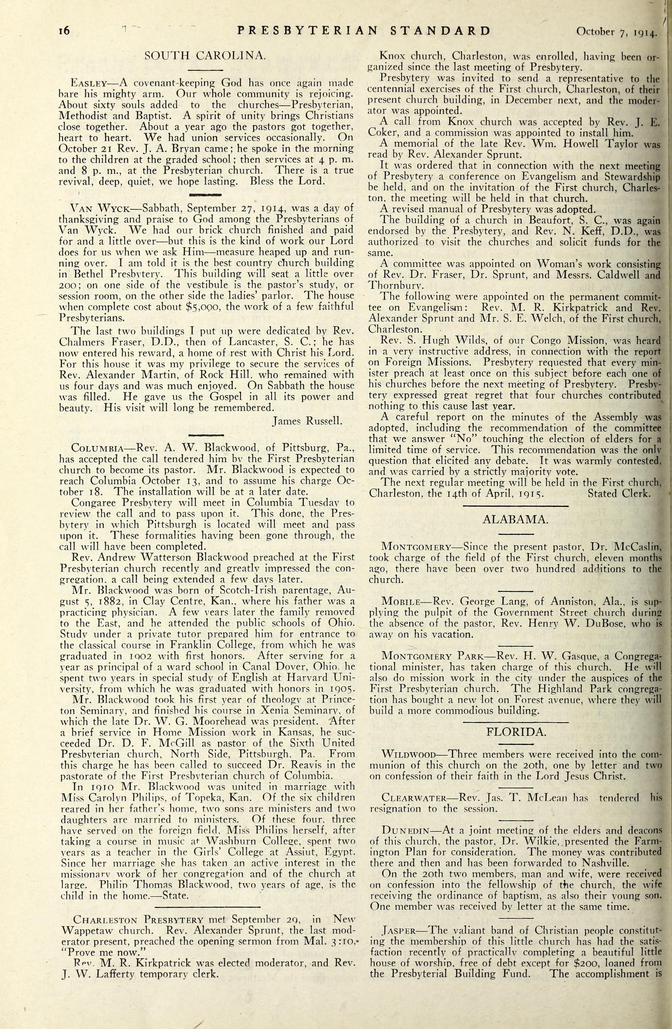 Easley South Carolina revival from Presbyterian Standard on 19141007